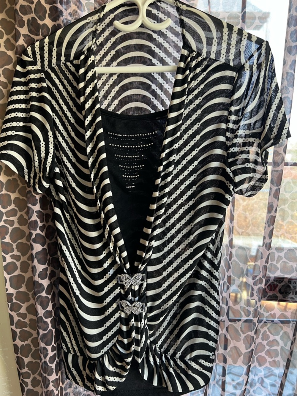 Black & White Striped Short Sleeve Women's Top with Diamond butterfly details